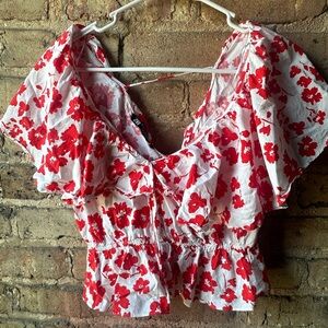 Zara Red and White Puff Sleeve Crop Blouse